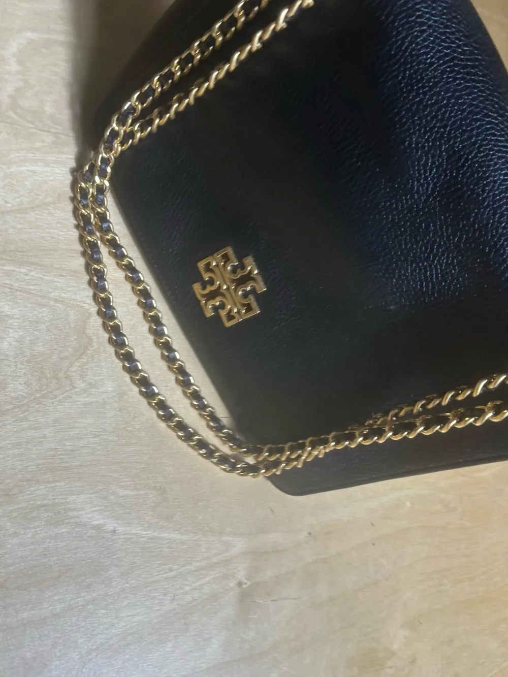 Tory Burch Black Pebbled Leather Shoulder Bag with Gold Chain